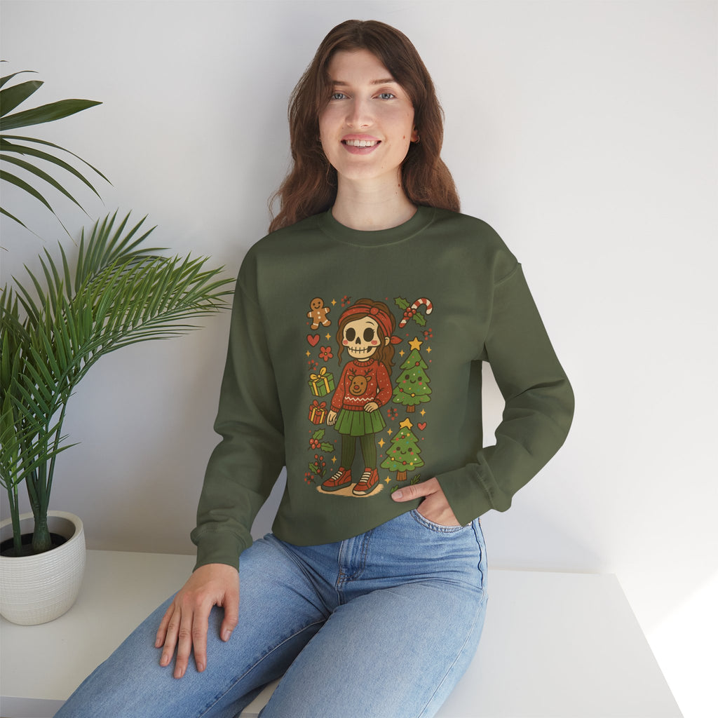 #Christmas Skeleton Girl Sweatshirt — Cute Holiday Gothic Crewneck