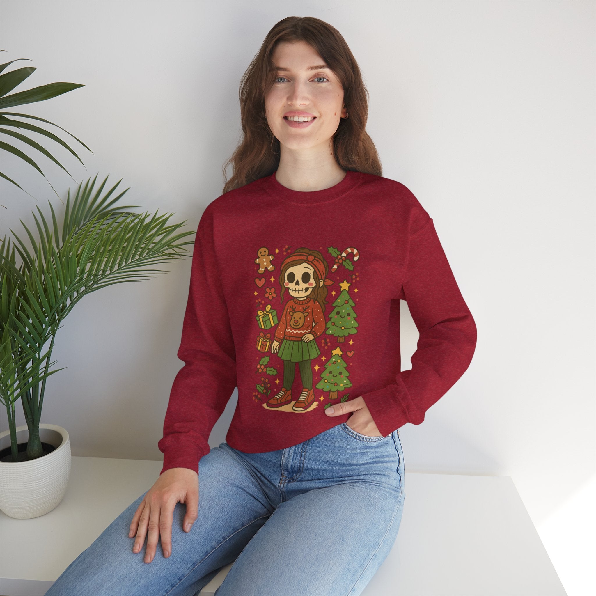 #Christmas Skeleton Girl Sweatshirt — Cute Holiday Gothic Crewneck