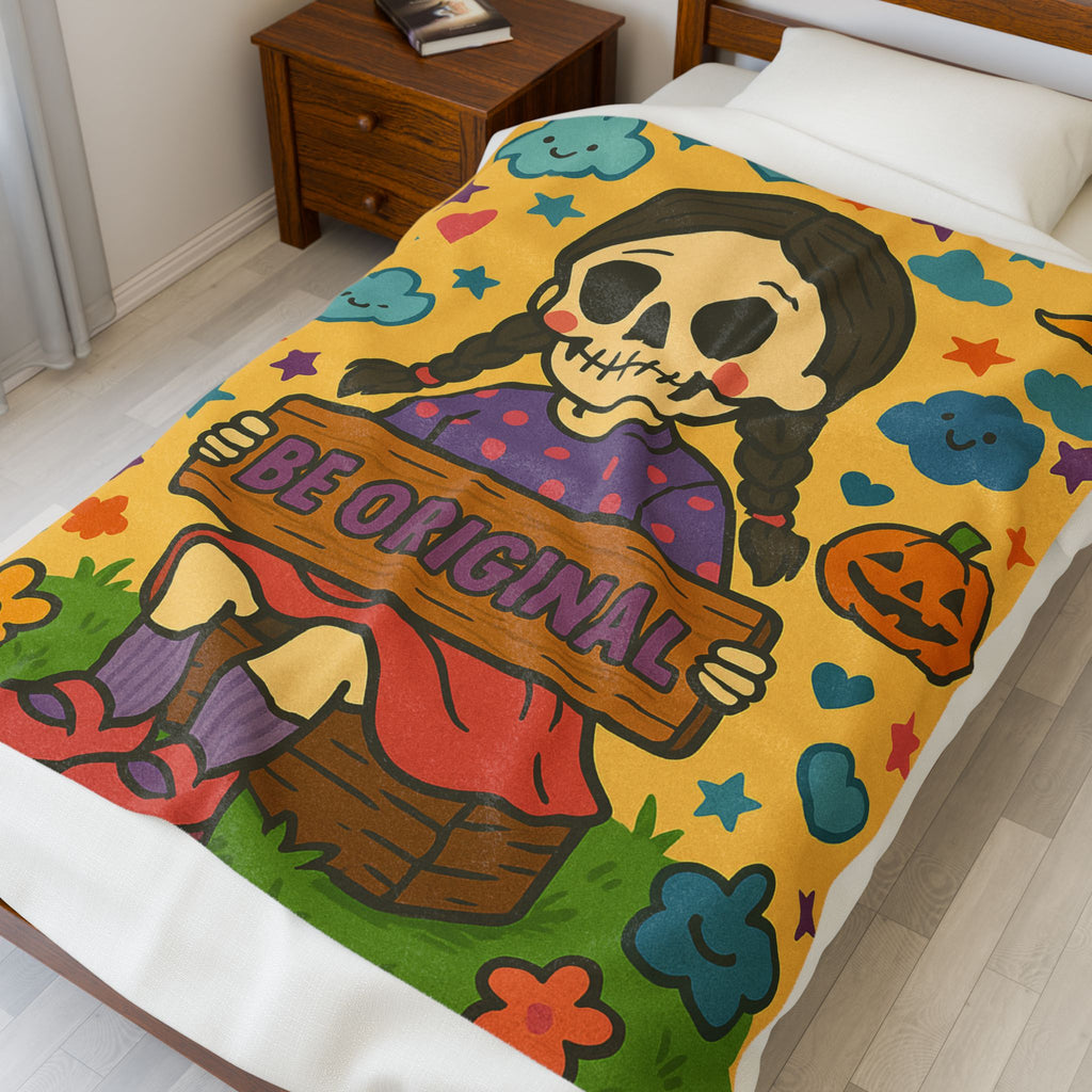 Be Original Skeleton Girl Velveteen Plush Blanket | Cute Halloween Skull Art
