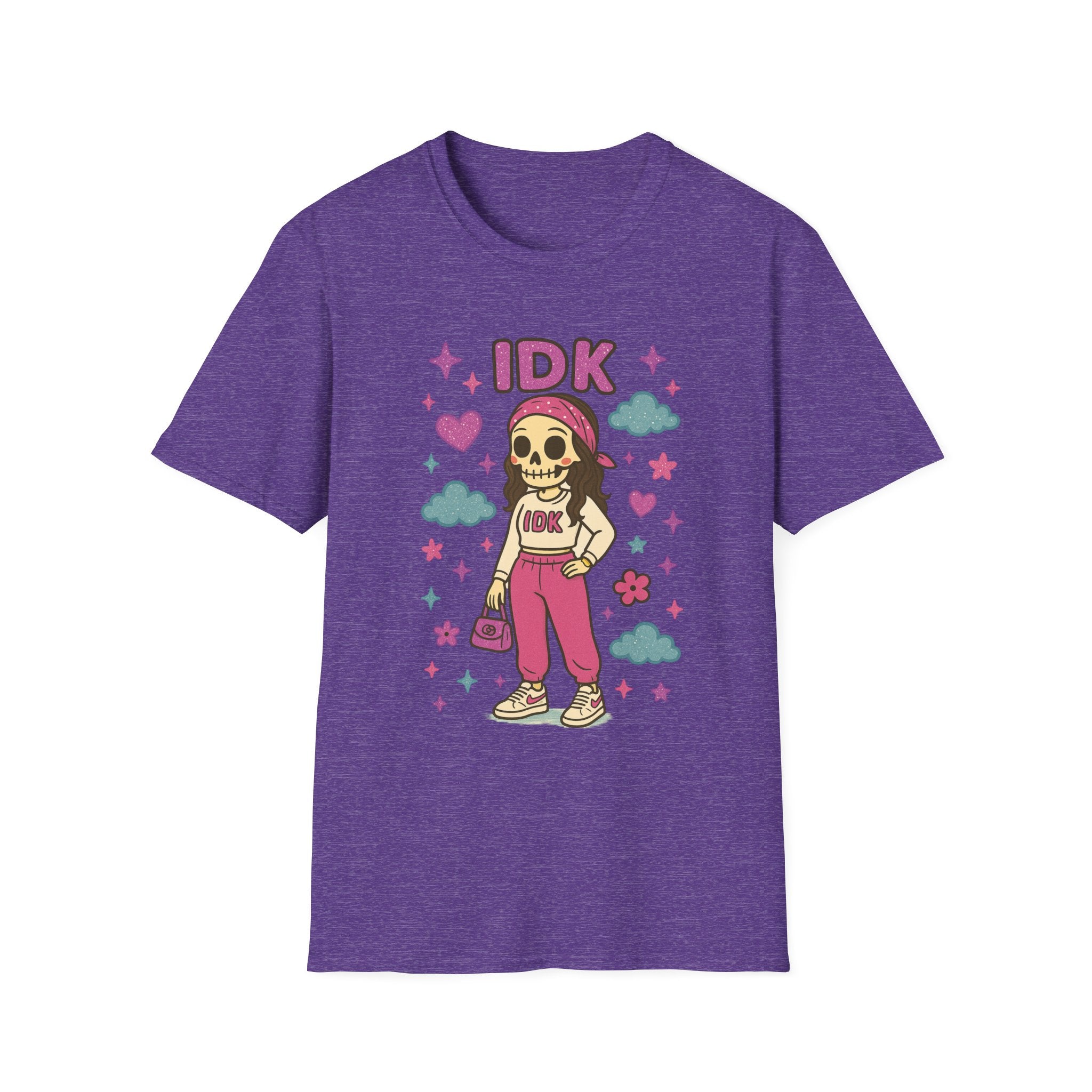 IDK Skulal Girl T-Shirt | Cute Skeleton Character, Pastel Clouds & Stars