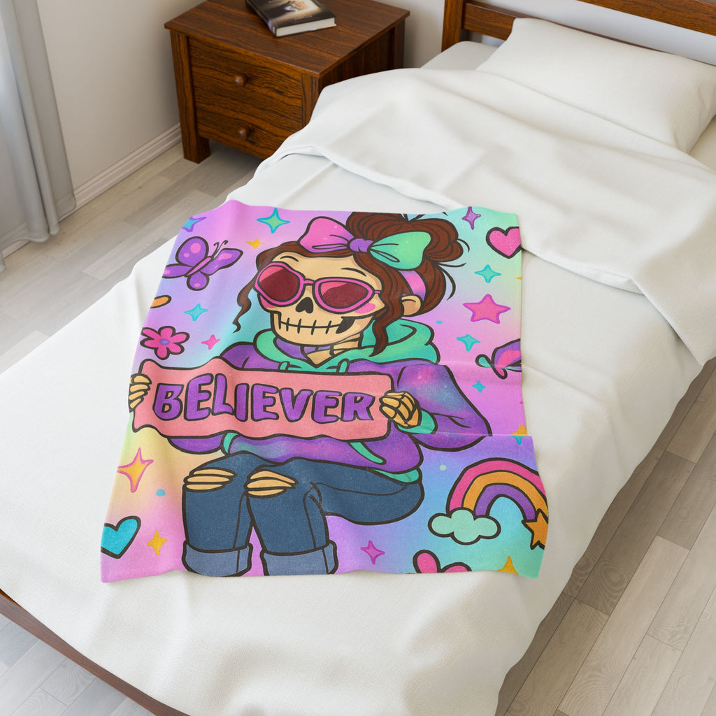 Believer skeleton girl holding sign Velveteen Plush Blanket | pastel kawaii skull