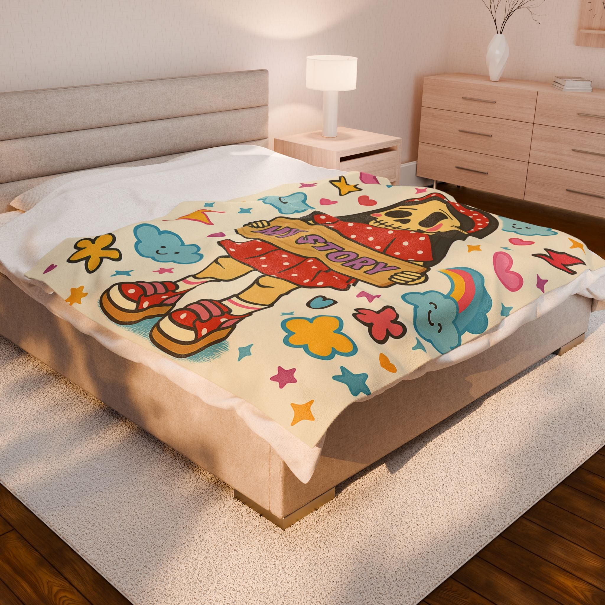 Skeleton Girl Holding "My Story" Velveteen Plush Blanket | Cute Skull Rainbow Clouds