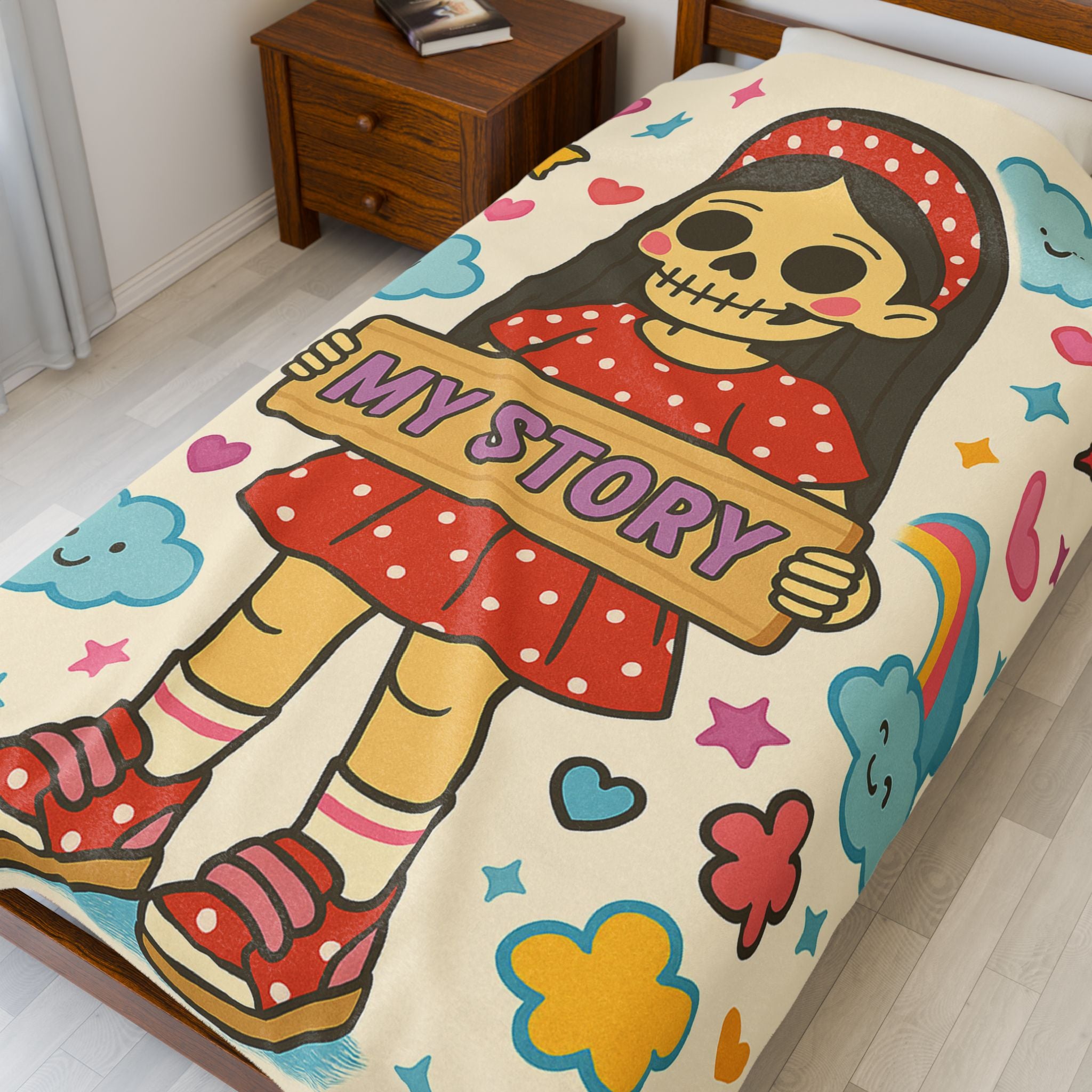 Skeleton Girl Holding "My Story" Velveteen Plush Blanket | Cute Skull Rainbow Clouds