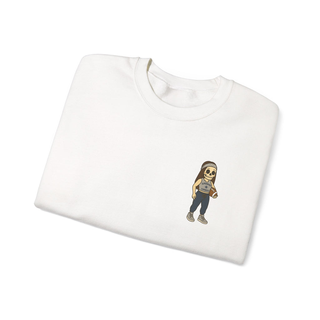 Dallas Cowboys Skeleton Girl Crewneck Sweatshirt —  Holding football Chest Print