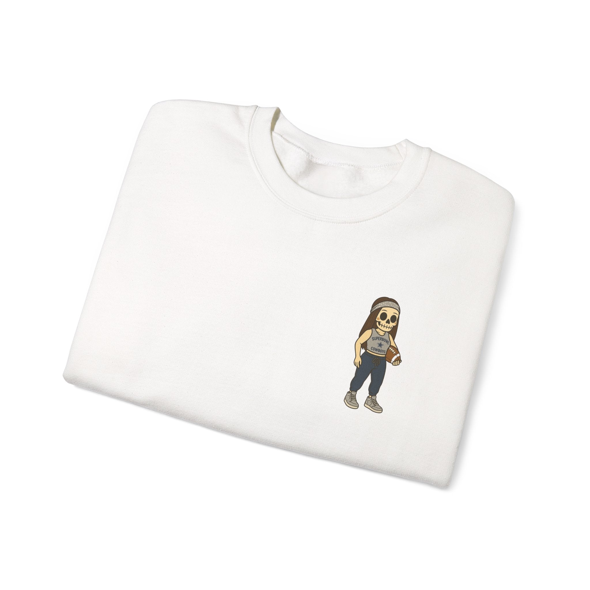 Dallas Cowboys Skeleton Girl Crewneck Sweatshirt —  Holding football Chest Print