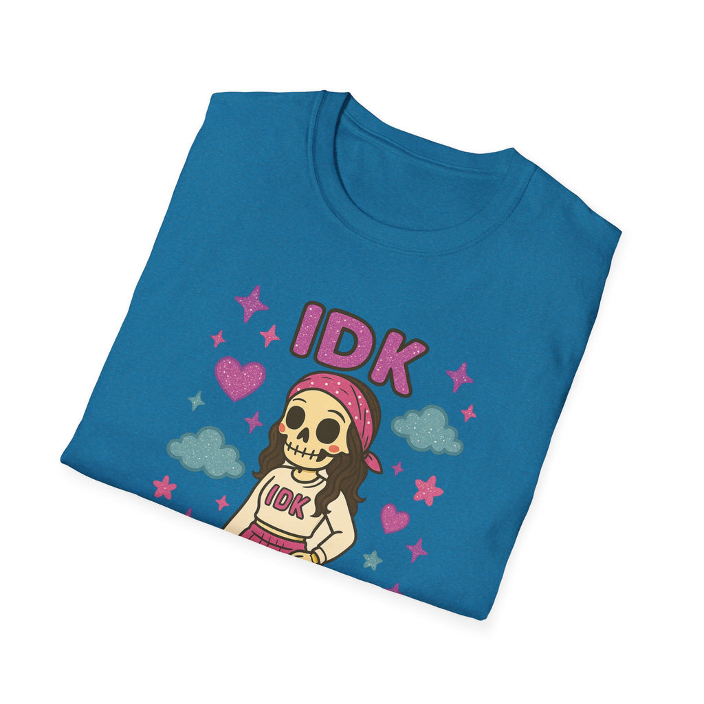IDK Skulal Girl T-Shirt | Cute Skeleton Character, Pastel Clouds & Stars