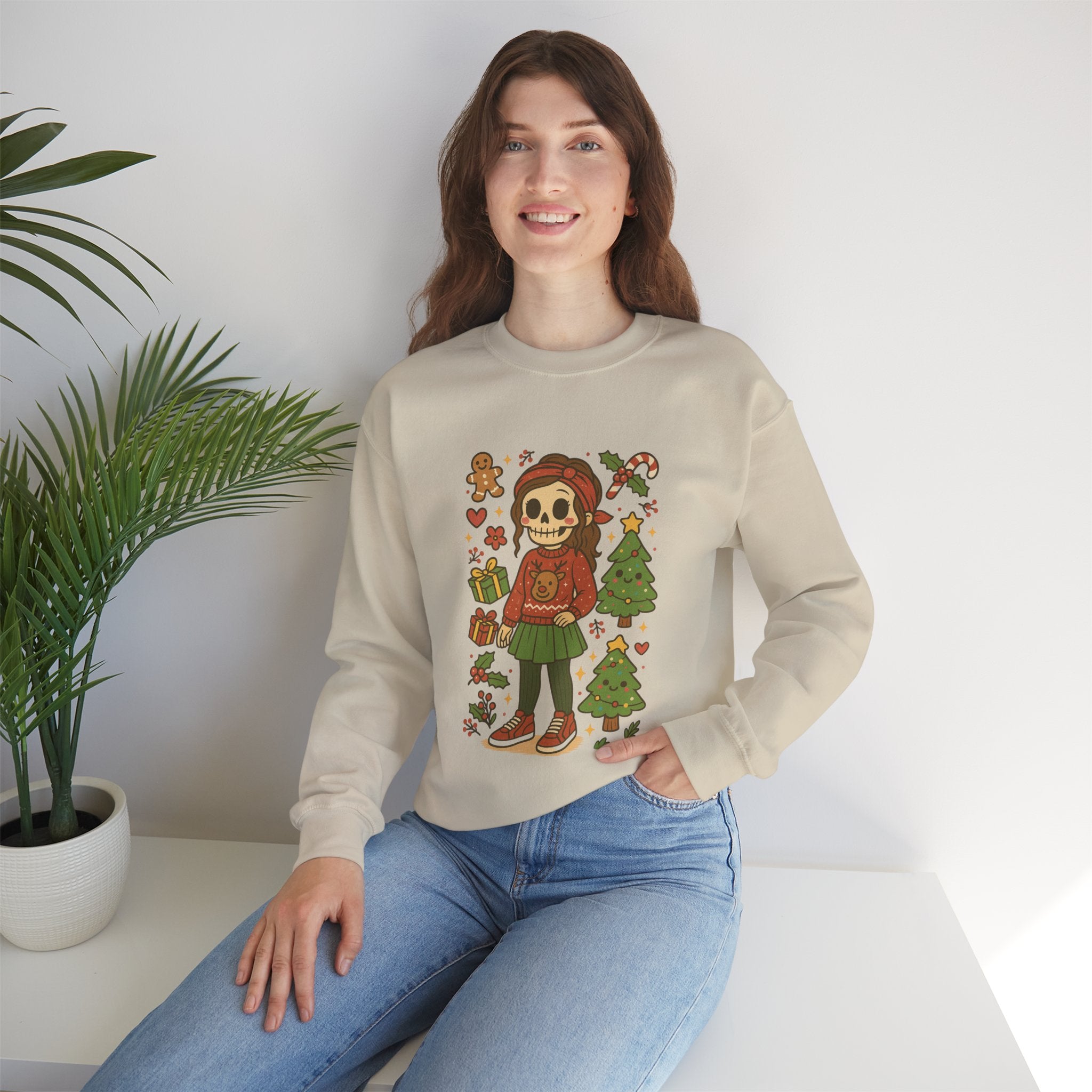 #Christmas Skeleton Girl Sweatshirt — Cute Holiday Gothic Crewneck
