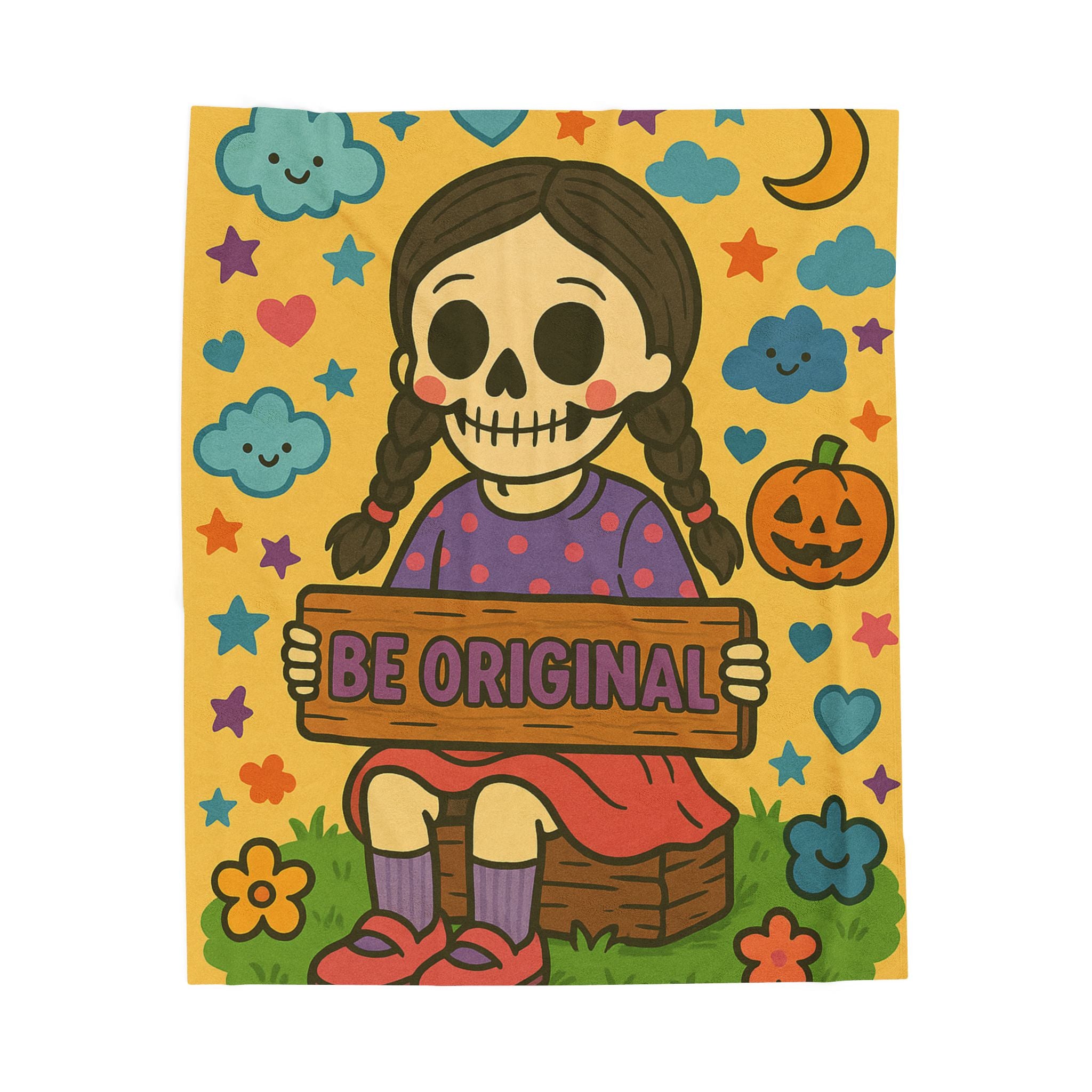 Be Original Skeleton Girl Velveteen Plush Blanket | Cute Halloween Skull Art