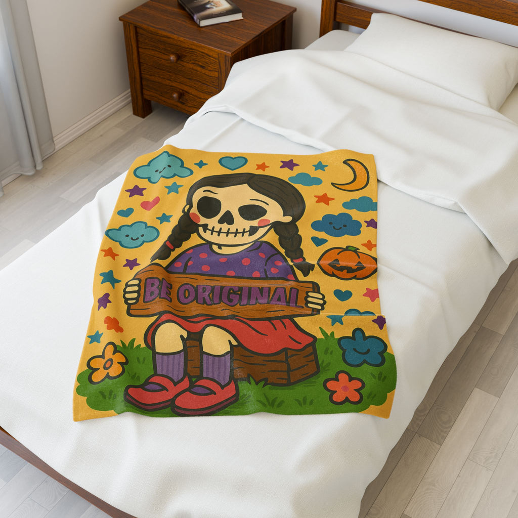 Be Original Skeleton Girl Velveteen Plush Blanket | Cute Halloween Skull Art