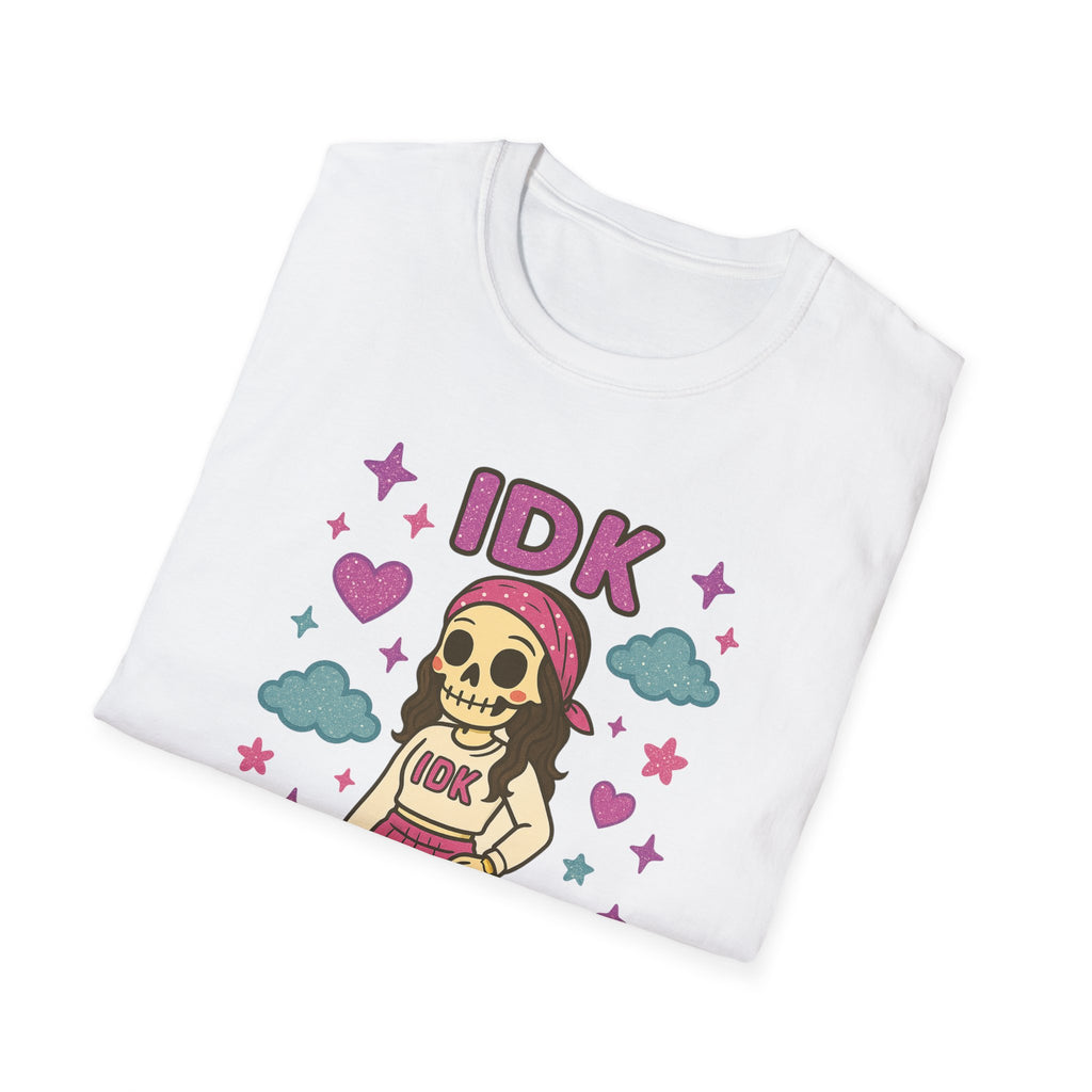 IDK Skulal Girl T-Shirt | Cute Skeleton Character, Pastel Clouds & Stars