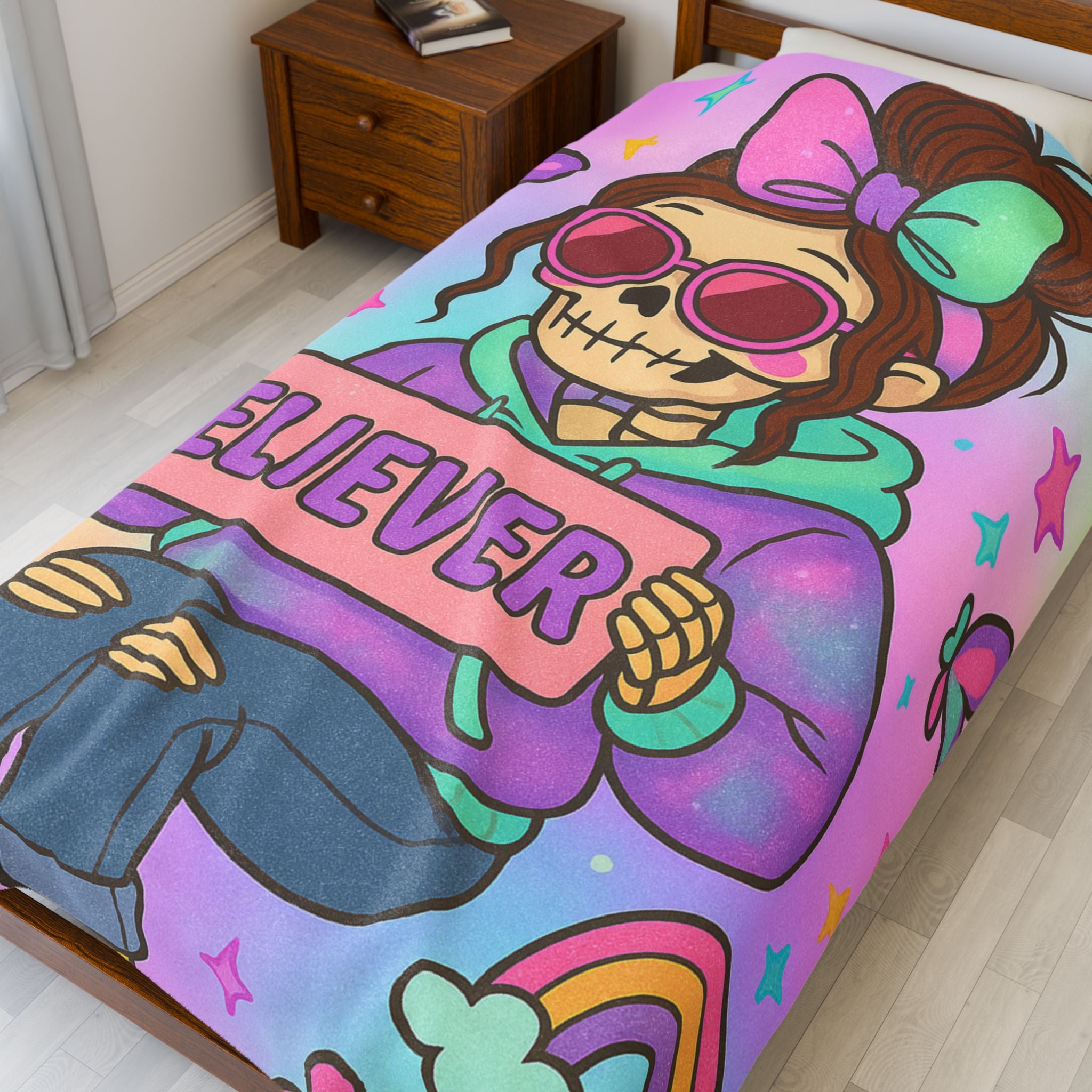 Believer skeleton girl holding sign Velveteen Plush Blanket | pastel kawaii skull