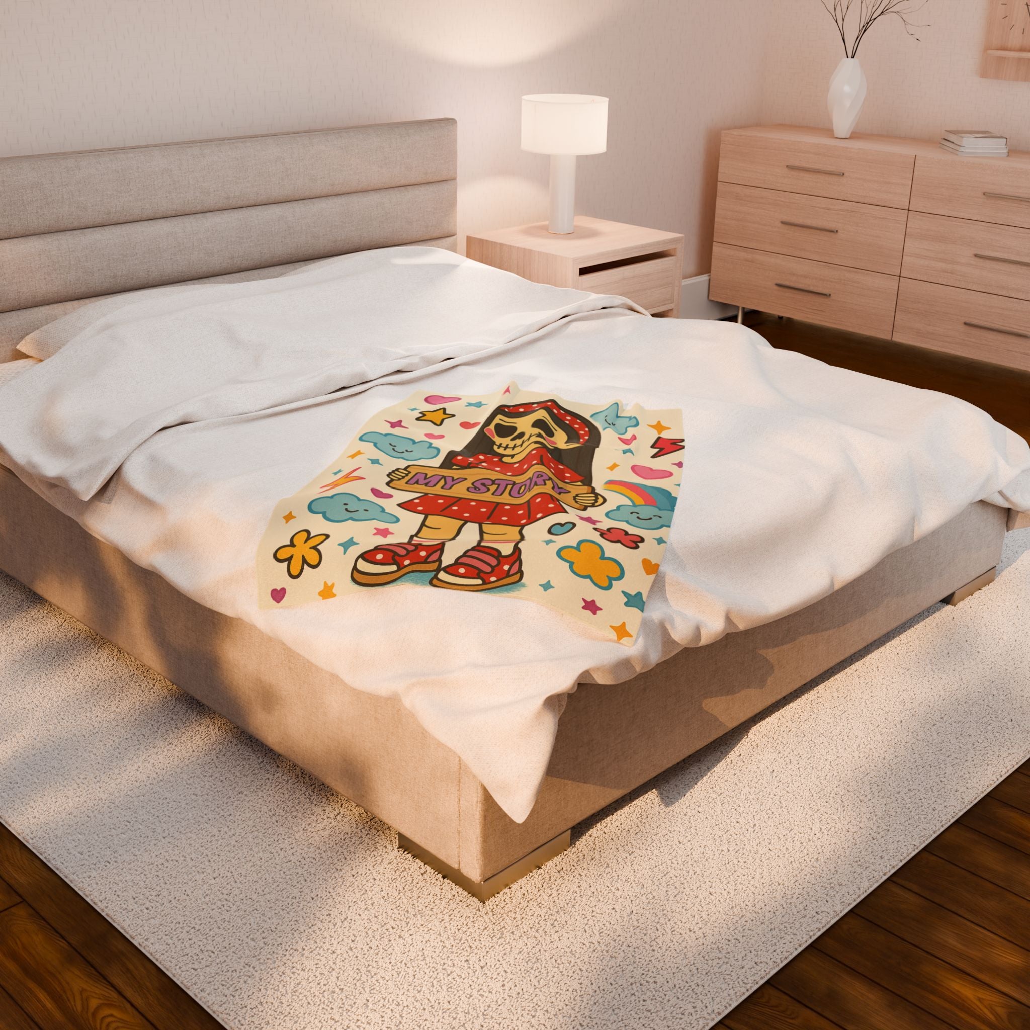 Skeleton Girl Holding "My Story" Velveteen Plush Blanket | Cute Skull Rainbow Clouds