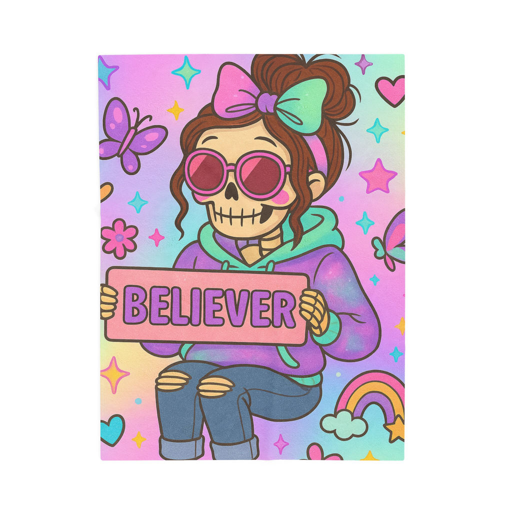 Believer skeleton girl holding sign Velveteen Plush Blanket | pastel kawaii skull