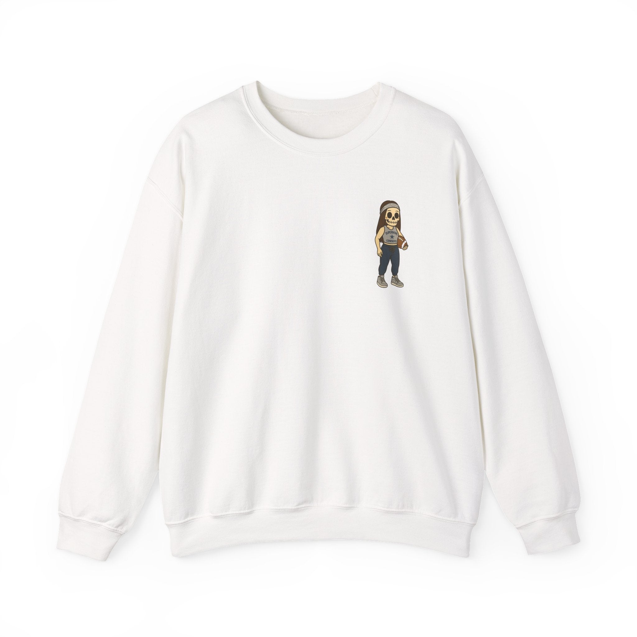 Dallas Cowboys Skeleton Girl Crewneck Sweatshirt —  Holding football Chest Print