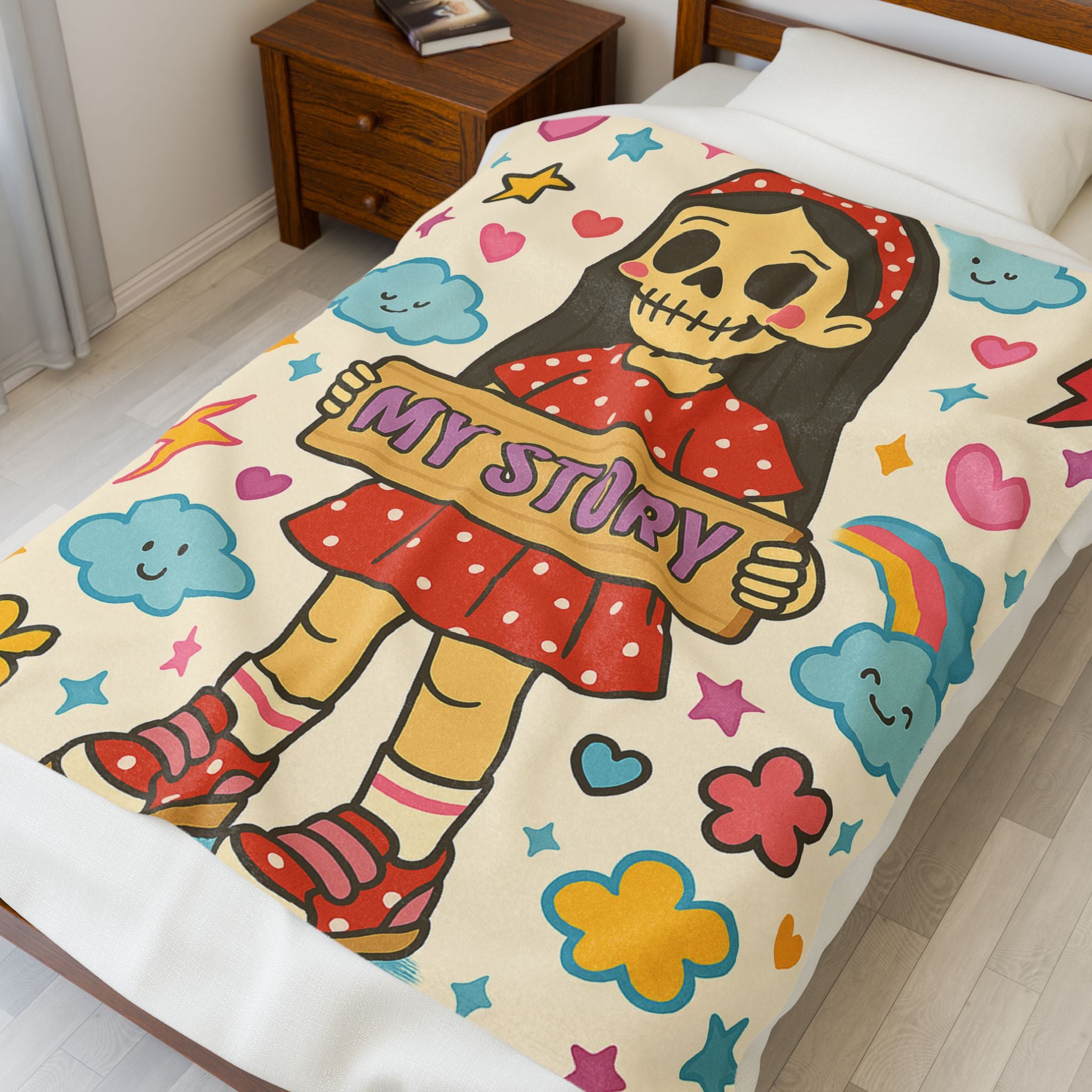 Skeleton Girl Holding "My Story" Velveteen Plush Blanket | Cute Skull Rainbow Clouds