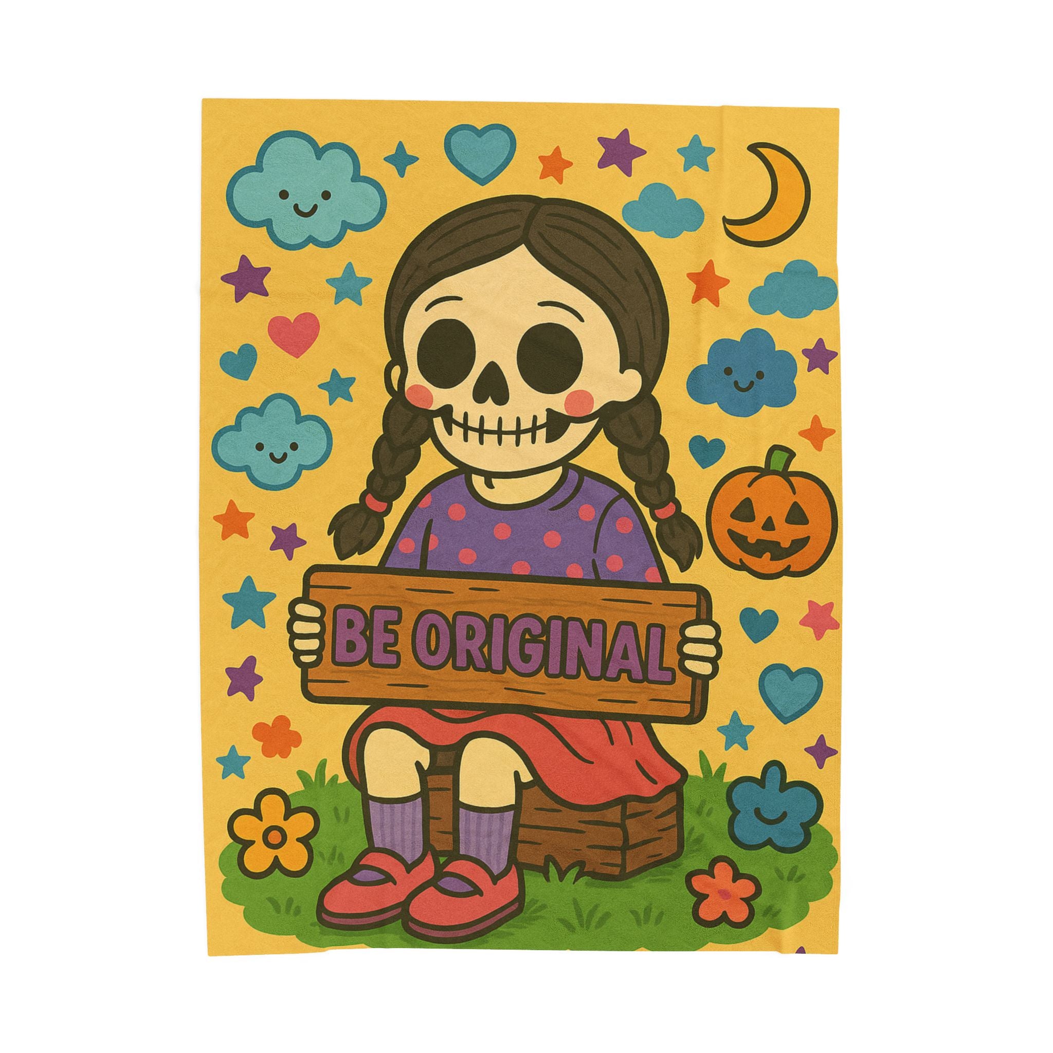 Be Original Skeleton Girl Velveteen Plush Blanket | Cute Halloween Skull Art