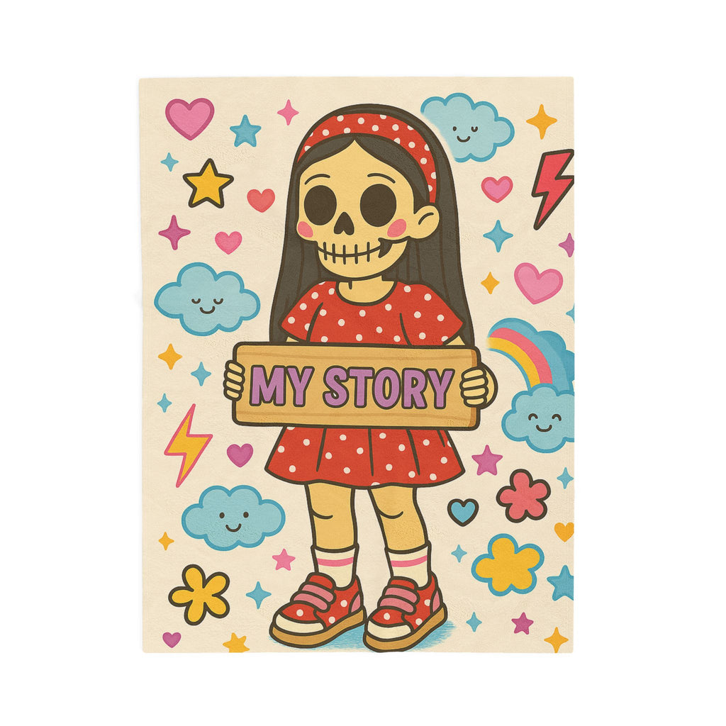 Skeleton Girl Holding "My Story" Velveteen Plush Blanket | Cute Skull Rainbow Clouds
