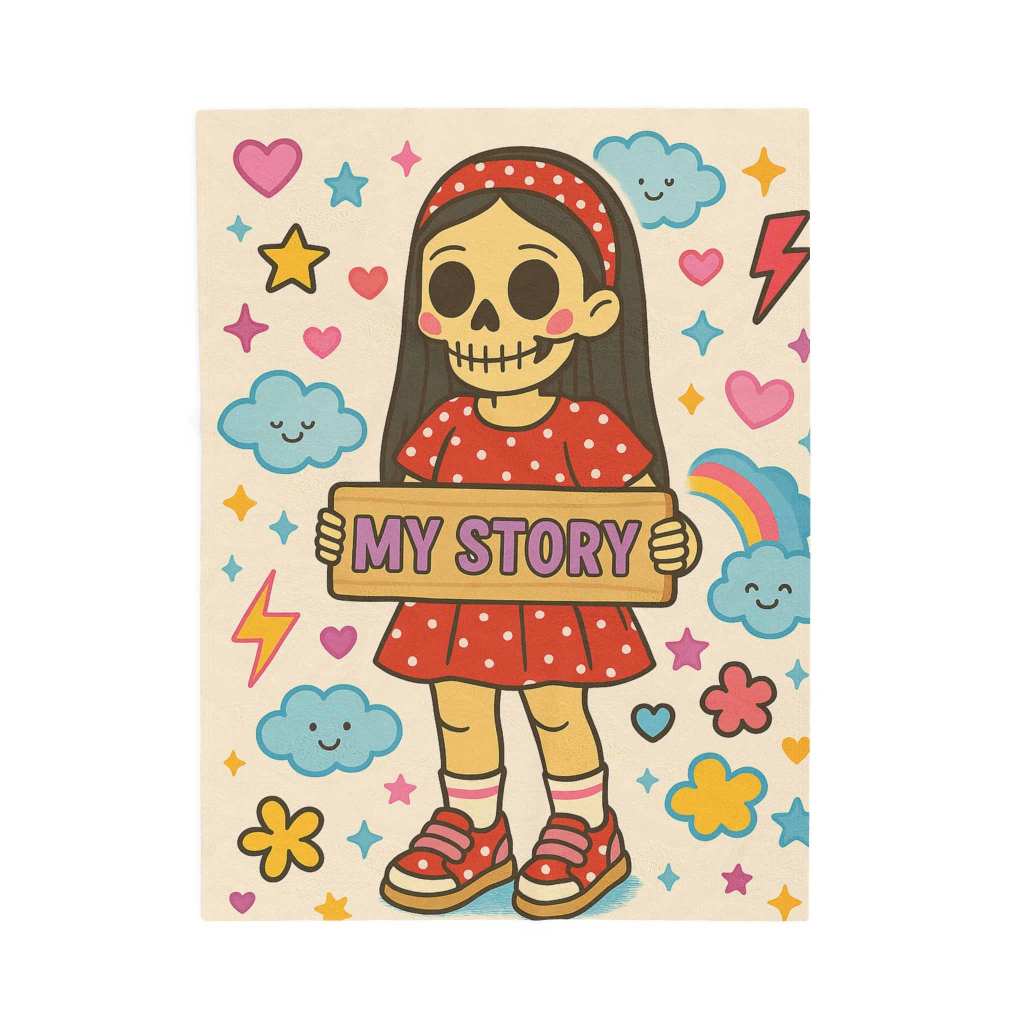 Skeleton Girl Holding "My Story" Velveteen Plush Blanket | Cute Skull Rainbow Clouds