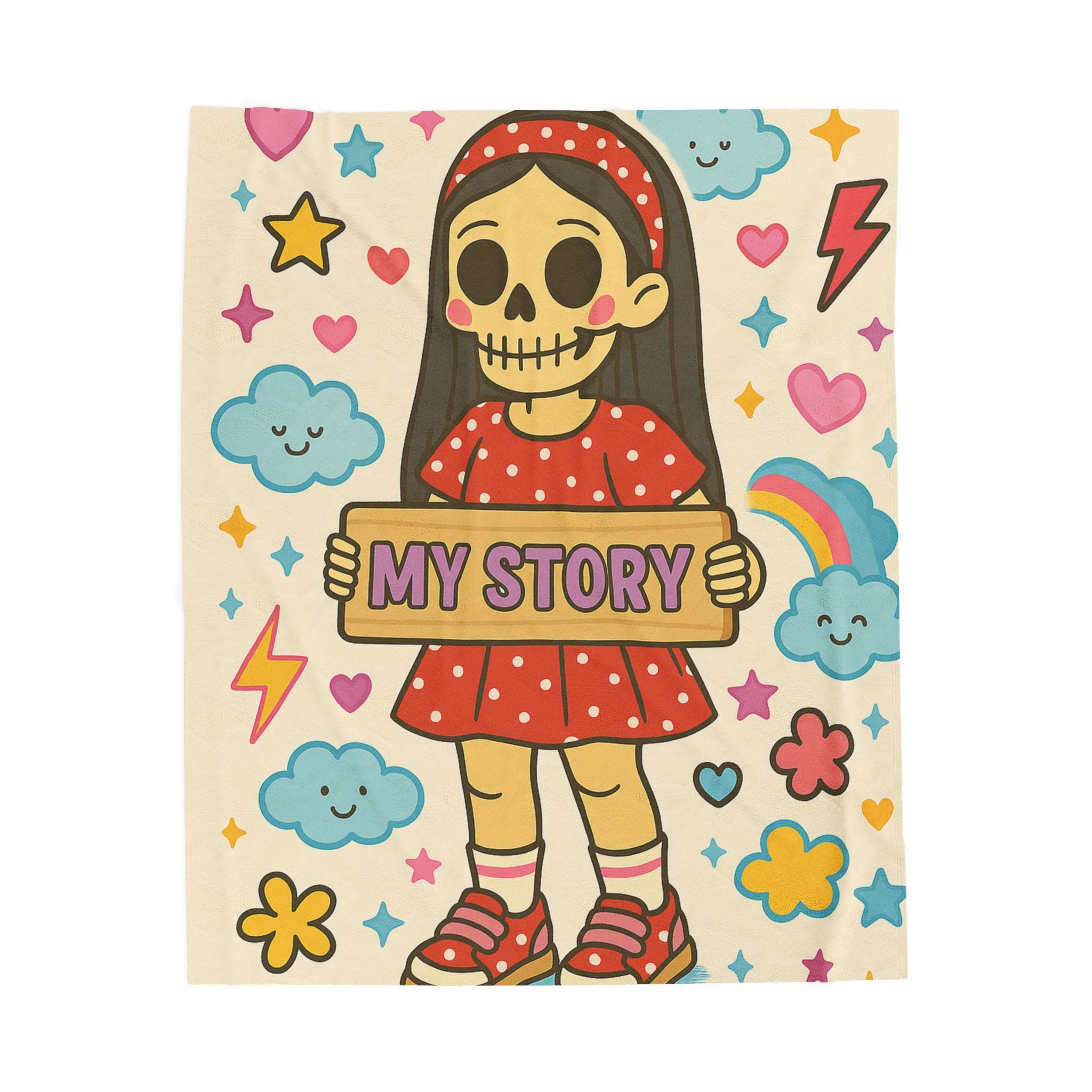 Skeleton Girl Holding "My Story" Velveteen Plush Blanket | Cute Skull Rainbow Clouds