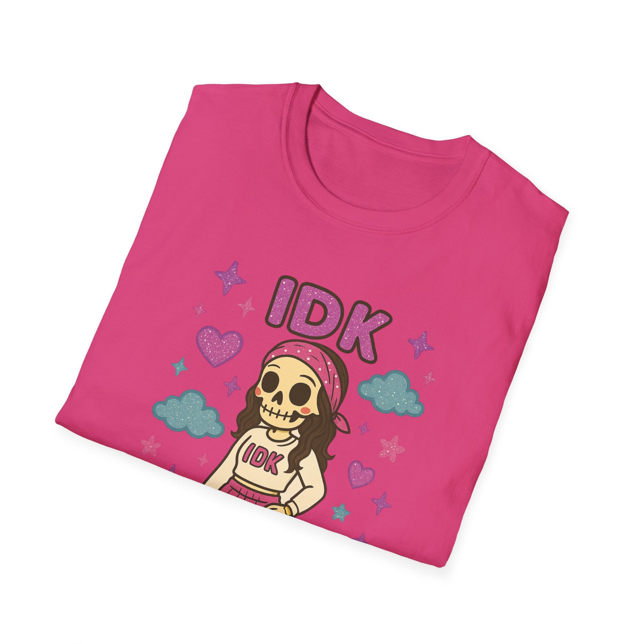 IDK Skulal Girl T-Shirt | Cute Skeleton Character, Pastel Clouds & Stars