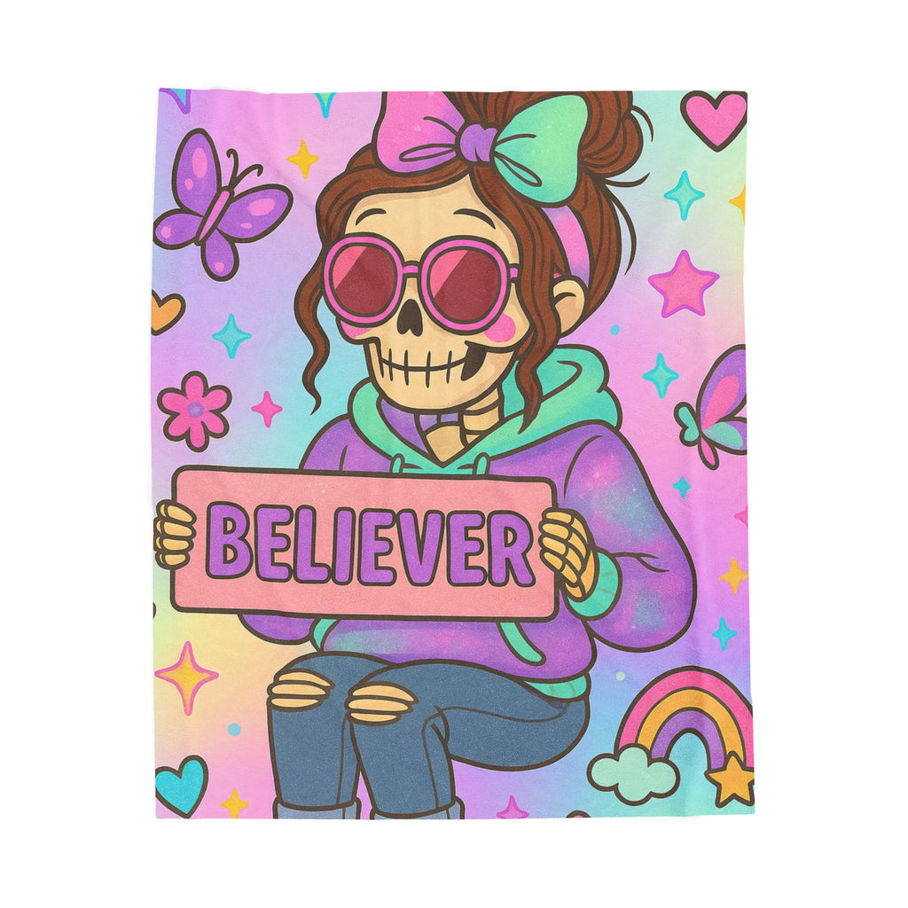 Believer skeleton girl holding sign Velveteen Plush Blanket | pastel kawaii skull