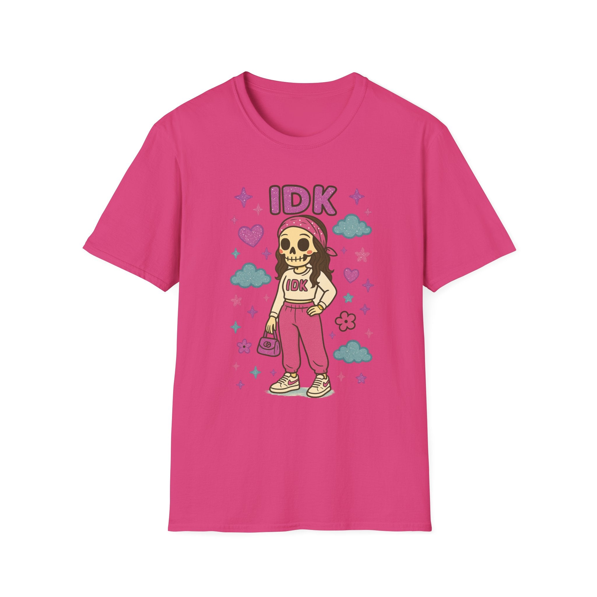 IDK Skulal Girl T-Shirt | Cute Skeleton Character, Pastel Clouds & Stars