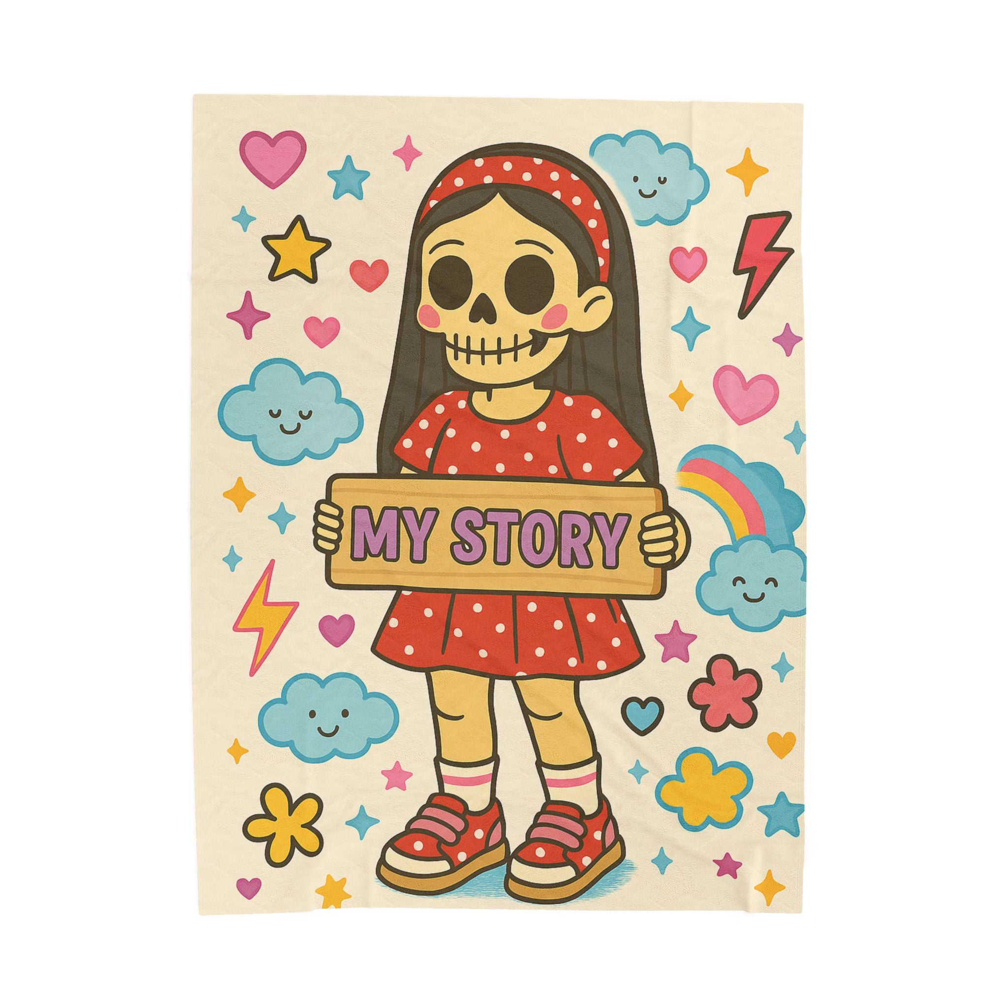 Skeleton Girl Holding "My Story" Velveteen Plush Blanket | Cute Skull Rainbow Clouds