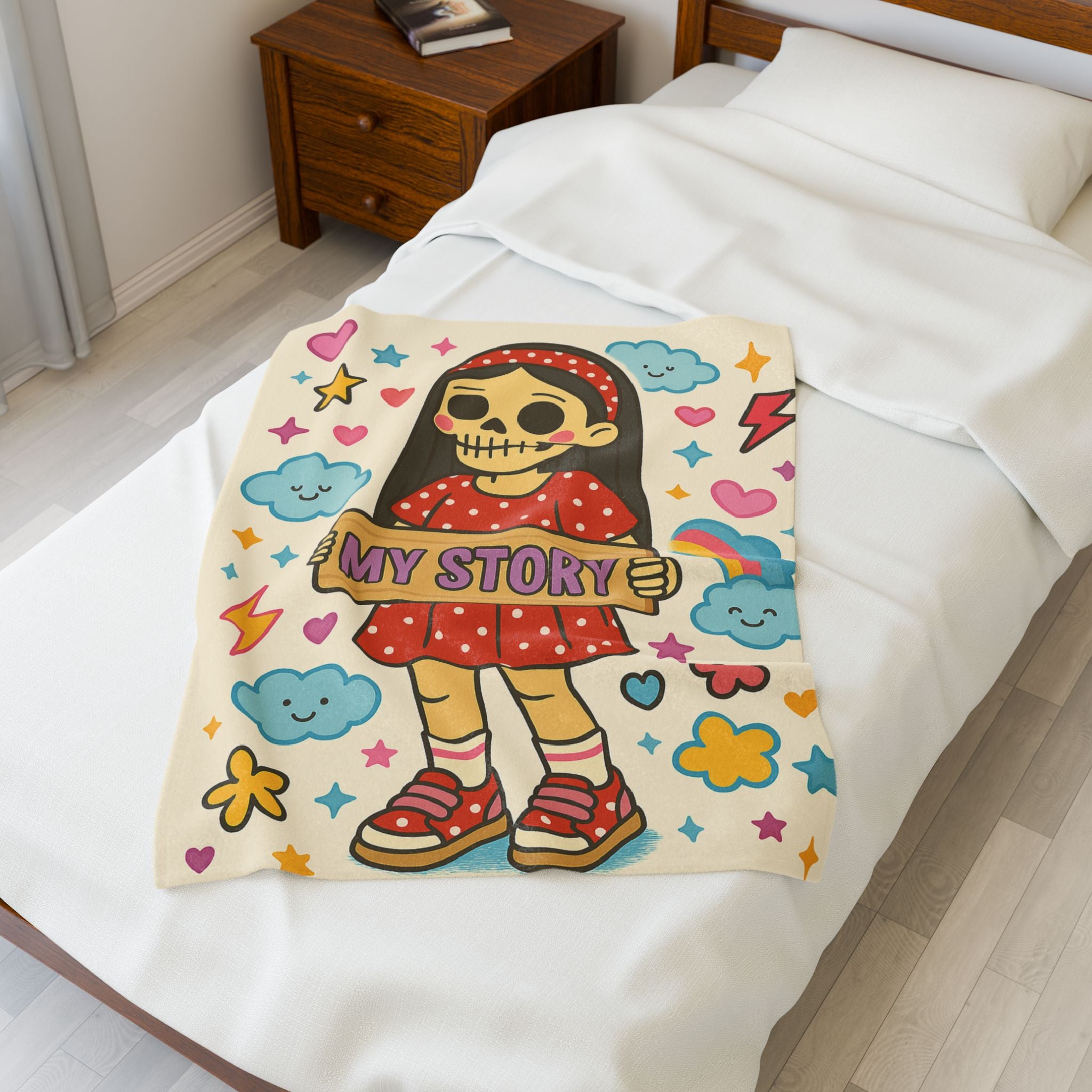 Skeleton Girl Holding "My Story" Velveteen Plush Blanket | Cute Skull Rainbow Clouds