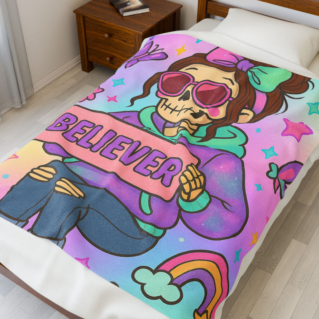 Believer skeleton girl holding sign Velveteen Plush Blanket | pastel kawaii skull