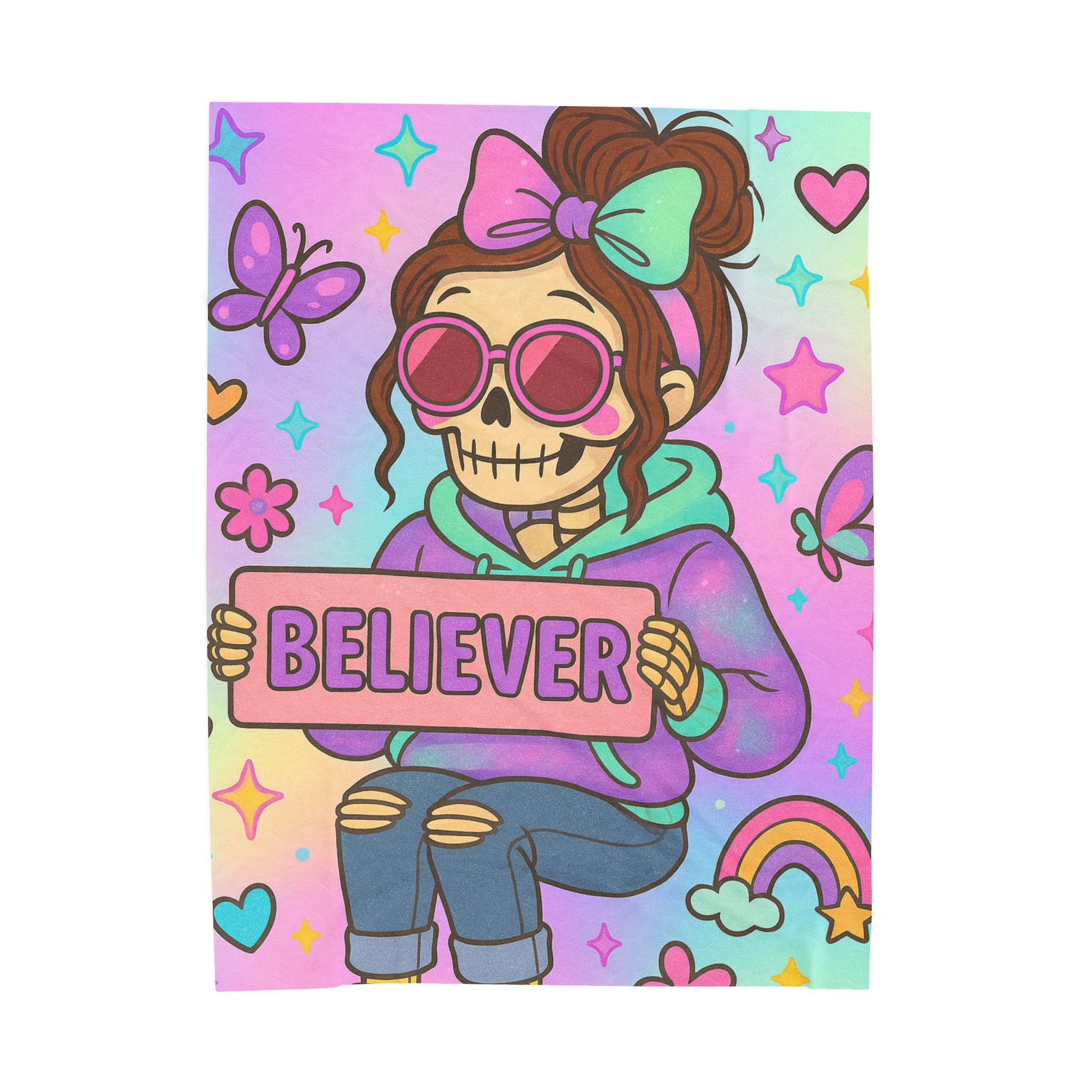 Believer skeleton girl holding sign Velveteen Plush Blanket | pastel kawaii skull