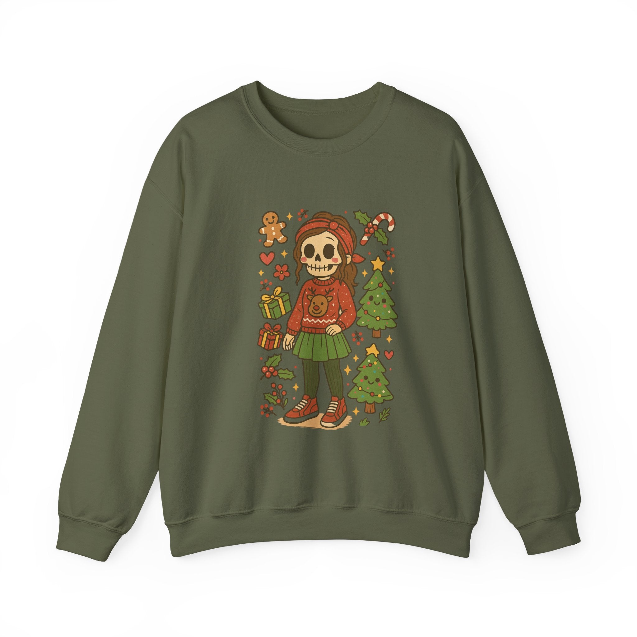 #Christmas Skeleton Girl Sweatshirt — Cute Holiday Gothic Crewneck