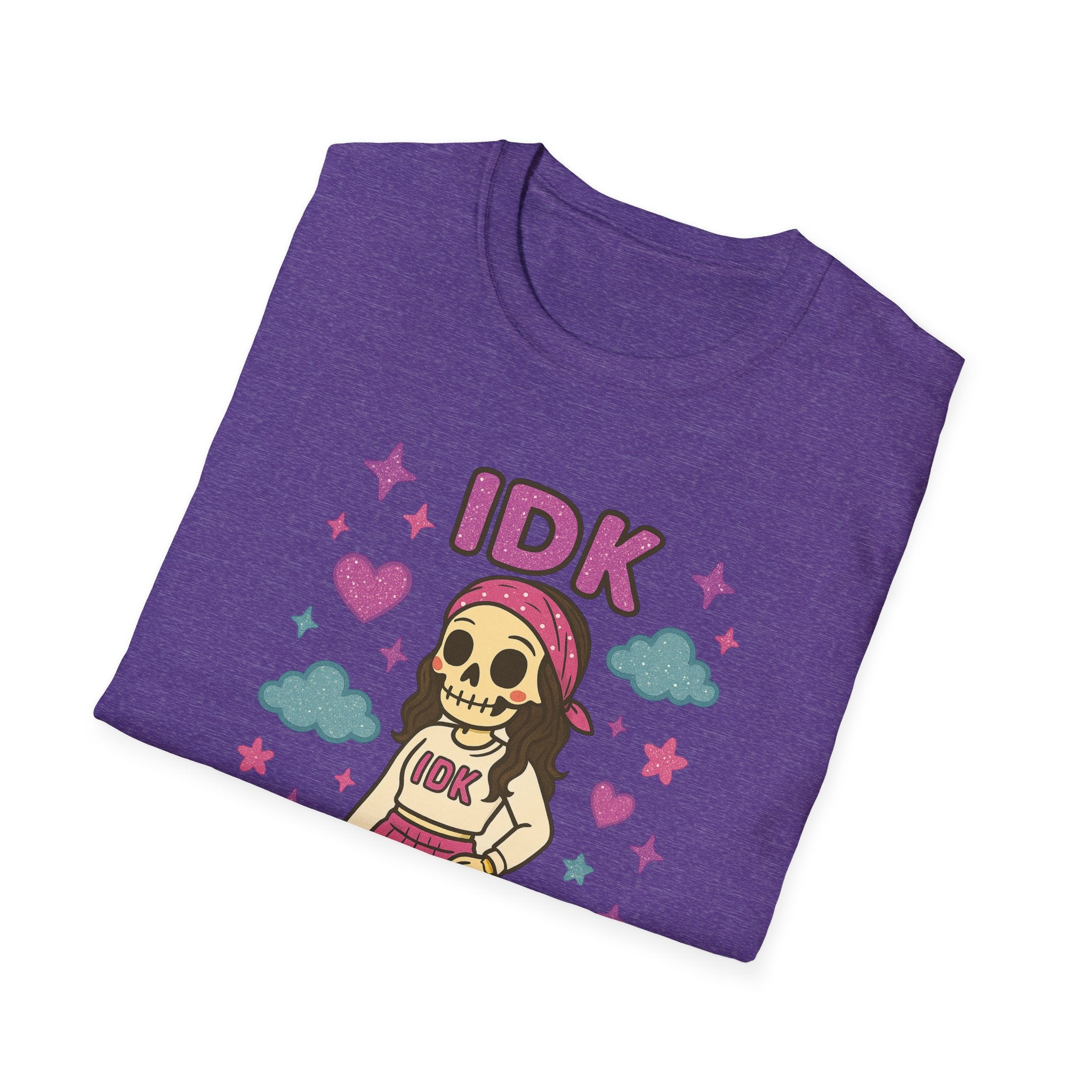 IDK Skulal Girl T-Shirt | Cute Skeleton Character, Pastel Clouds & Stars