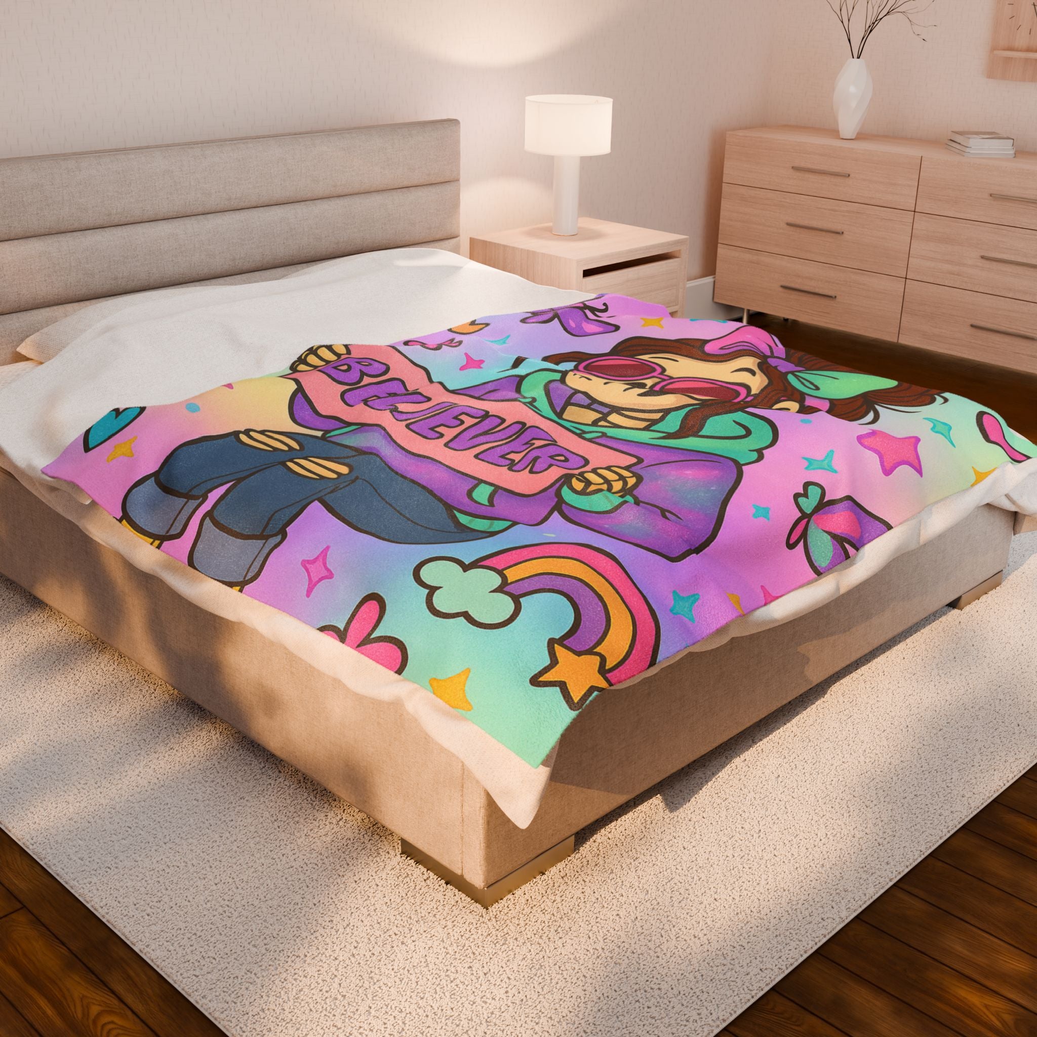 Believer skeleton girl holding sign Velveteen Plush Blanket | pastel kawaii skull