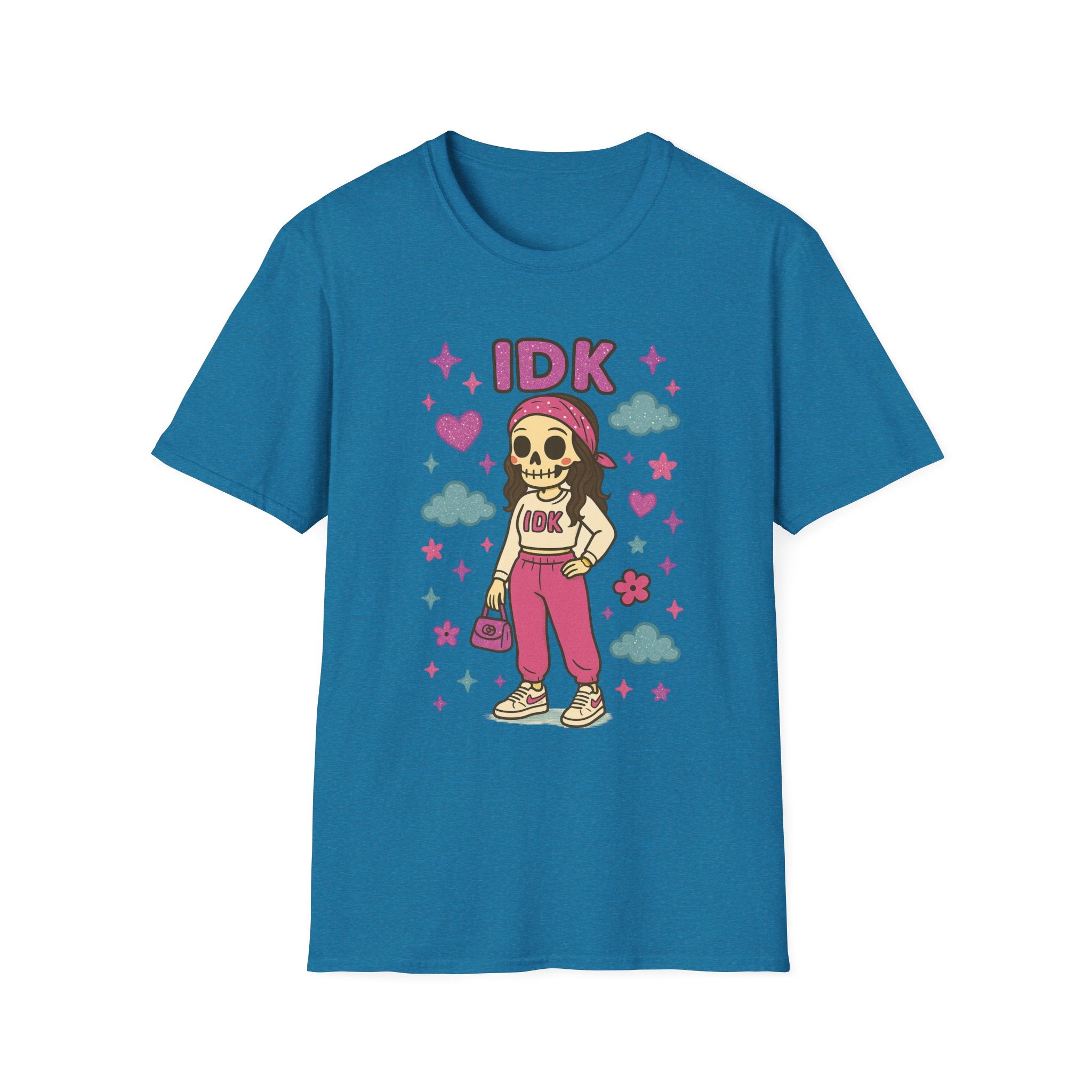 IDK Skulal Girl T-Shirt | Cute Skeleton Character, Pastel Clouds & Stars