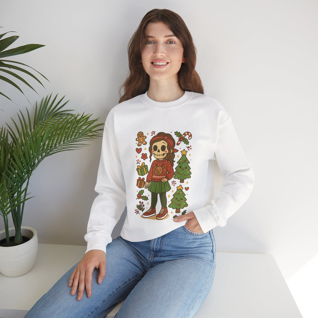 #Christmas Skeleton Girl Sweatshirt — Cute Holiday Gothic Crewneck