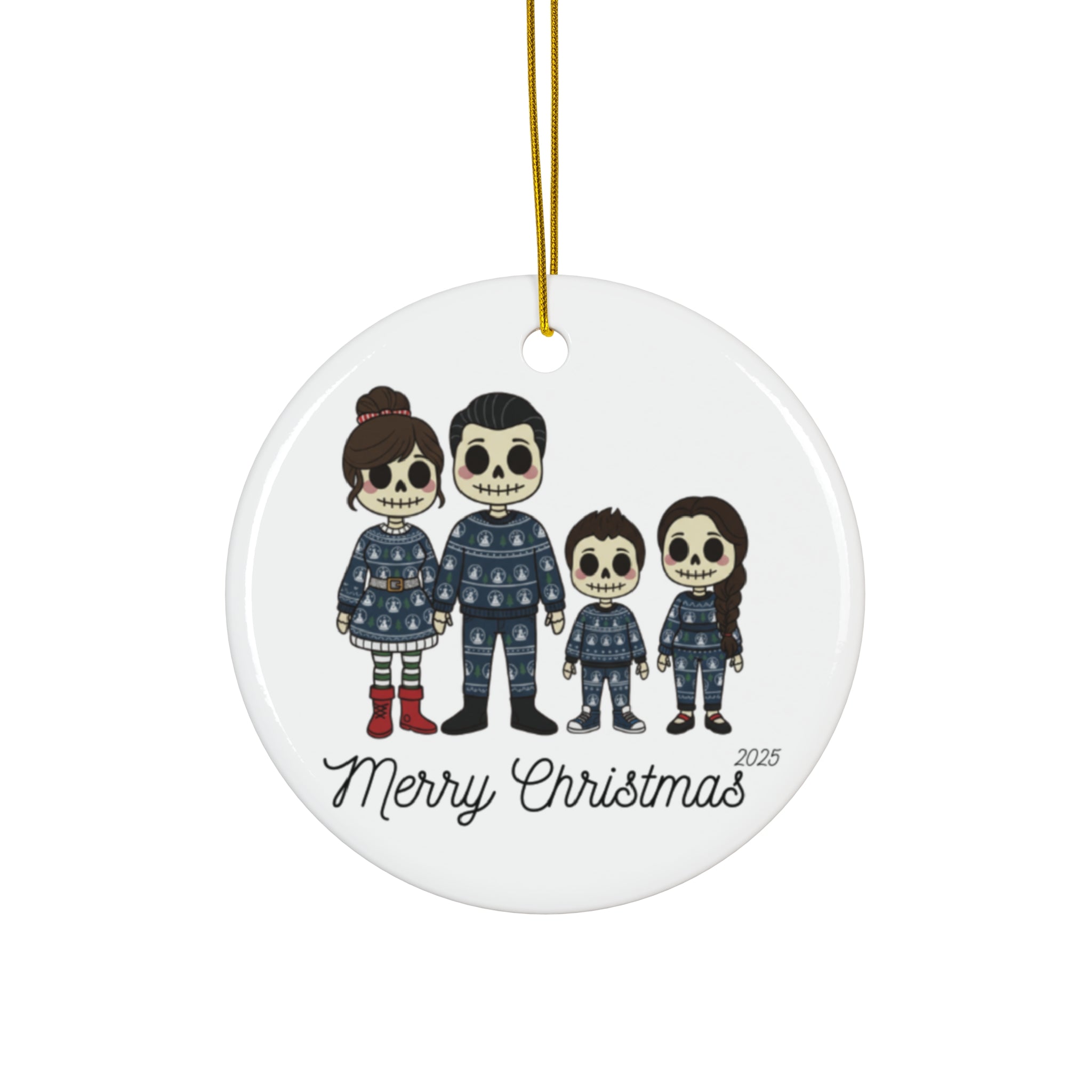 Merry Christmas Family Skeleton Ceramic Ornament