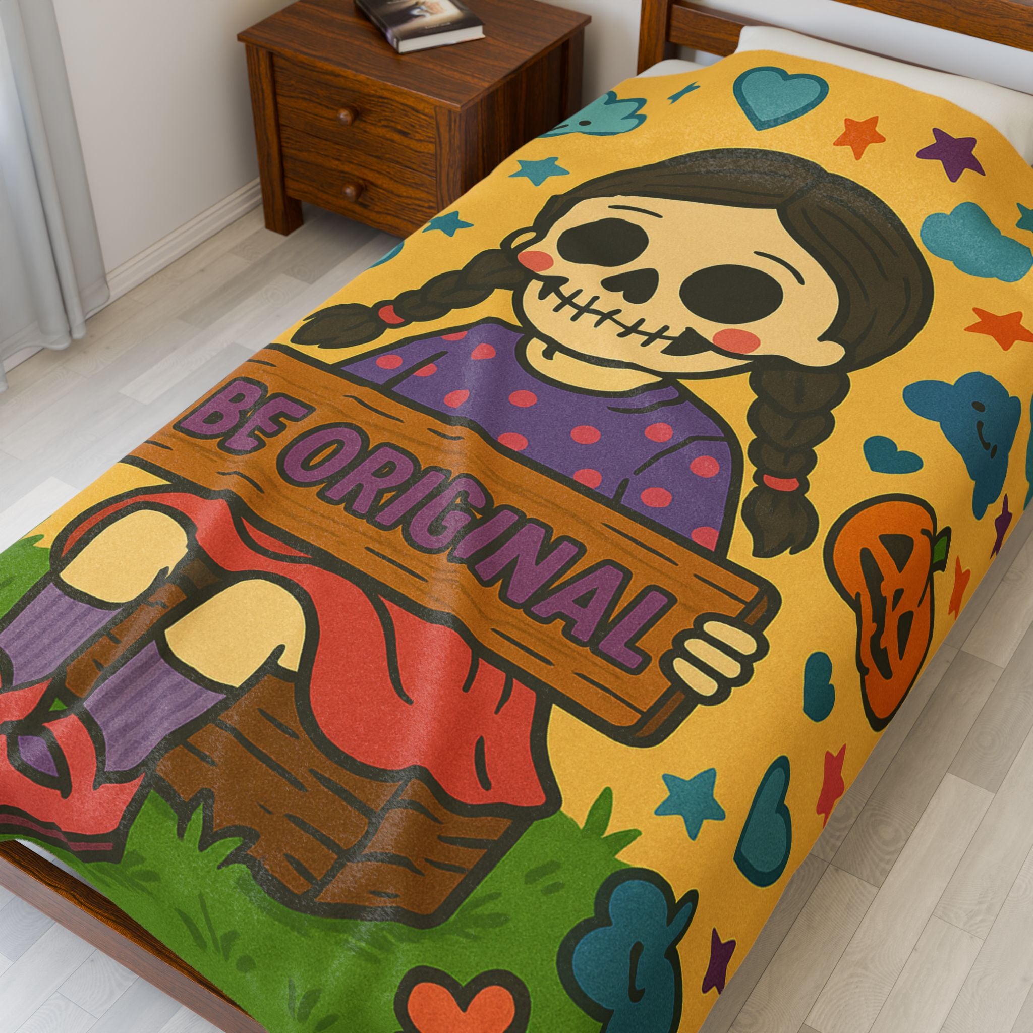 Be Original Skeleton Girl Velveteen Plush Blanket | Cute Halloween Skull Art