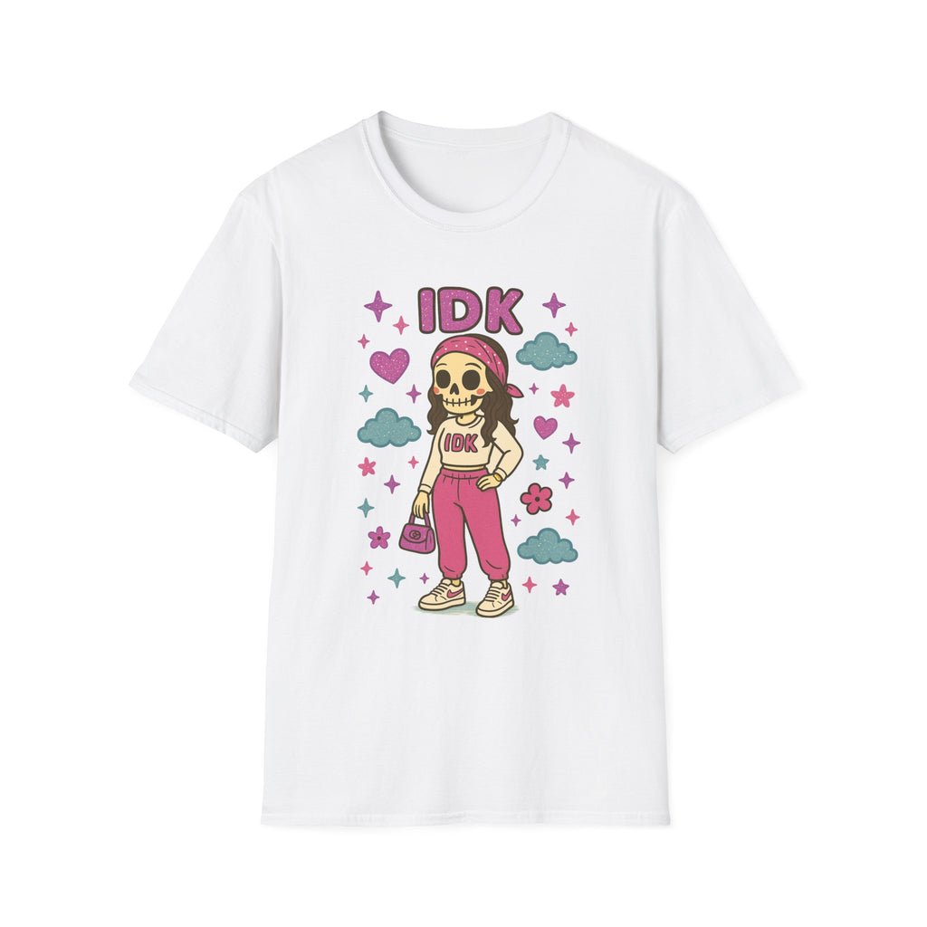IDK Skulal Girl T-Shirt | Cute Skeleton Character, Pastel Clouds & Stars