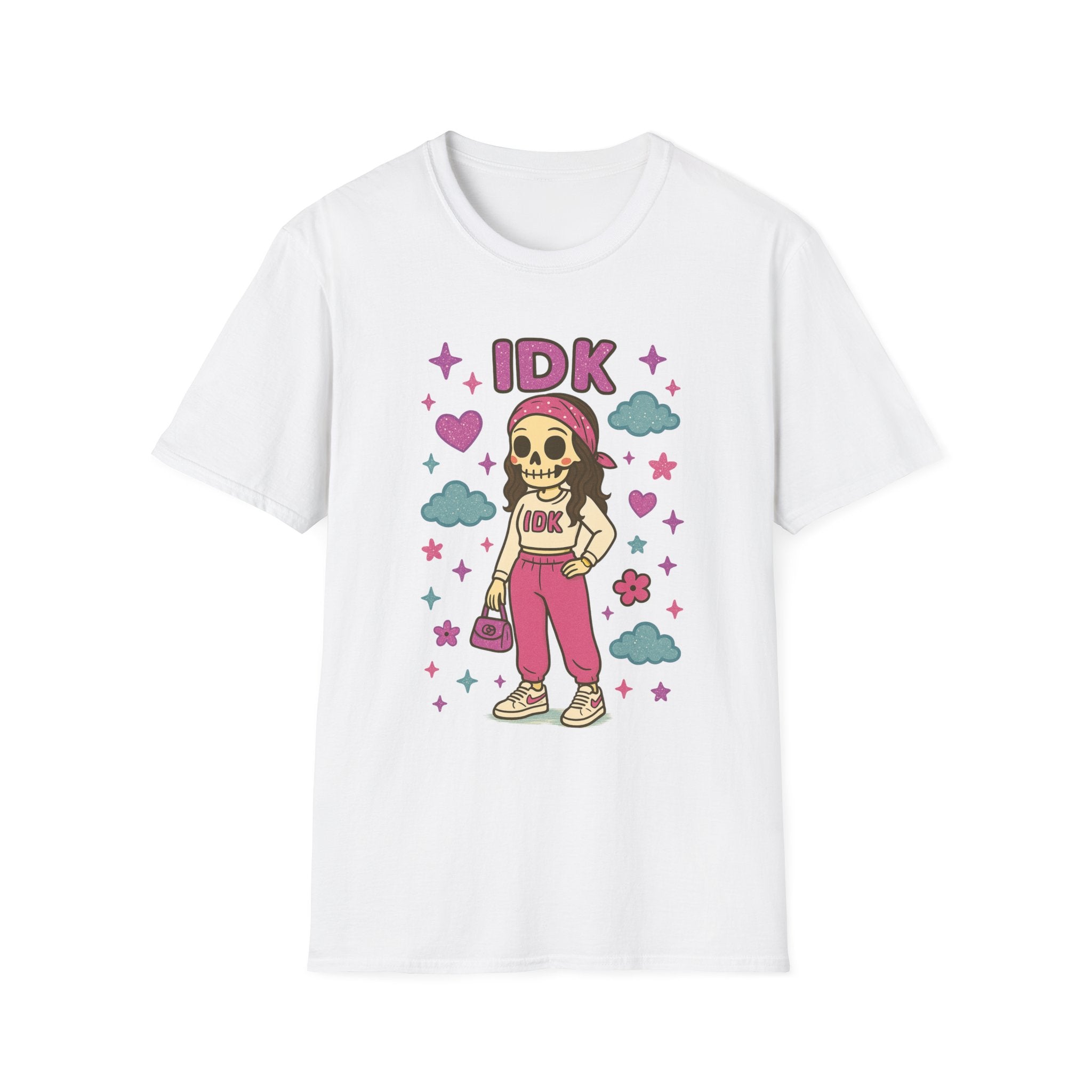 IDK Skulal Girl T-Shirt | Cute Skeleton Character, Pastel Clouds & Stars